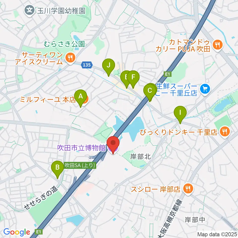 吹田市立博物館周辺のカフェ一覧地図