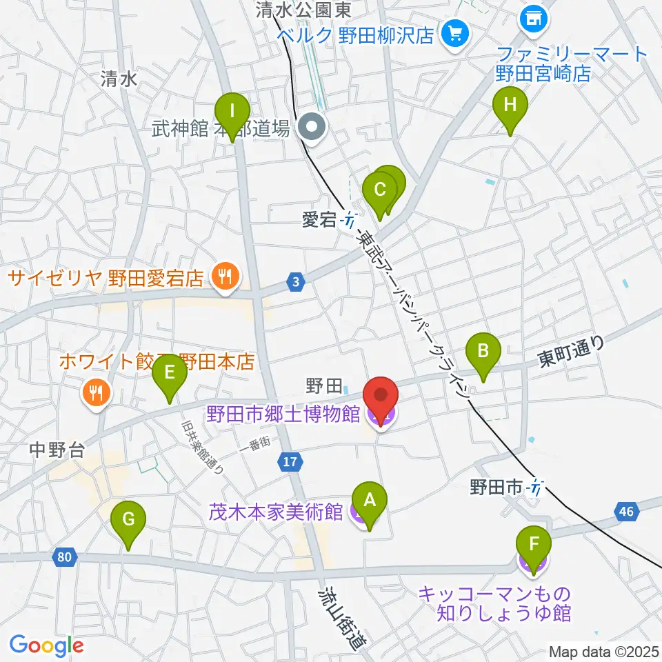 野田市郷土博物館周辺のカフェ一覧地図