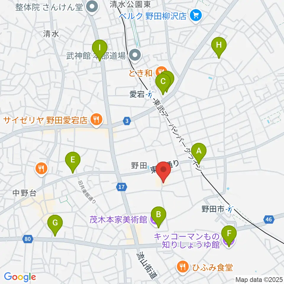 野田市郷土博物館周辺のカフェ一覧地図