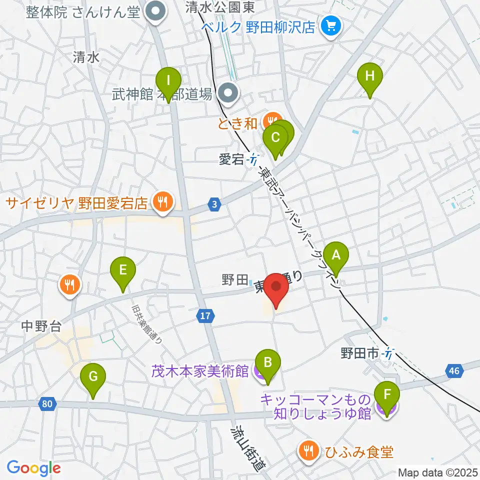 野田市郷土博物館周辺のカフェ一覧地図