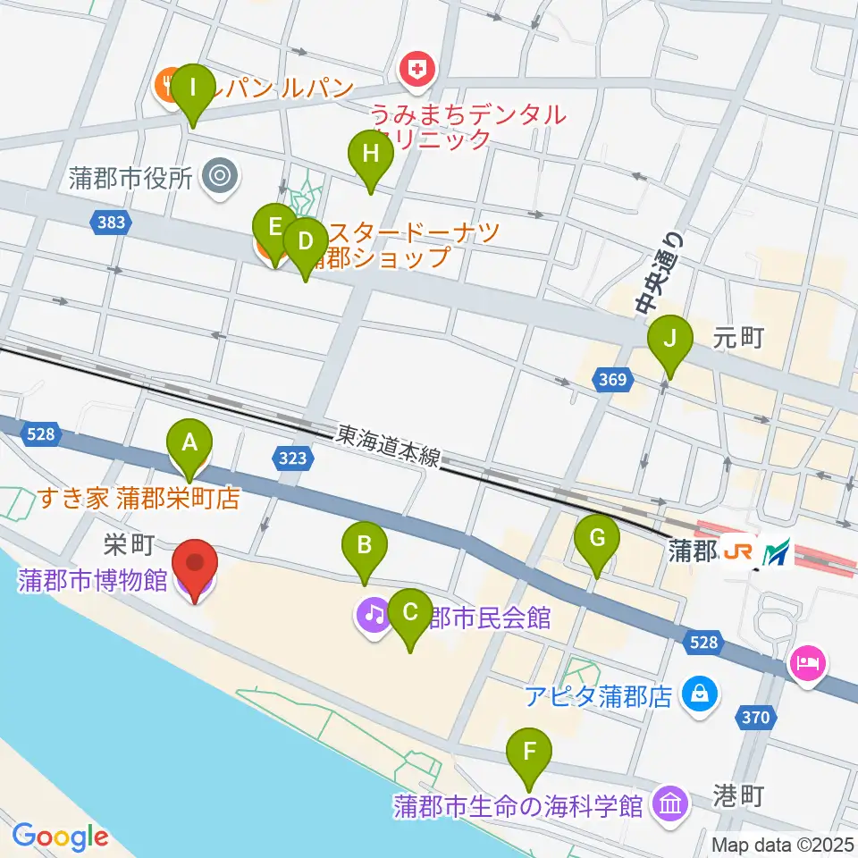 蒲郡市博物館周辺のカフェ一覧地図
