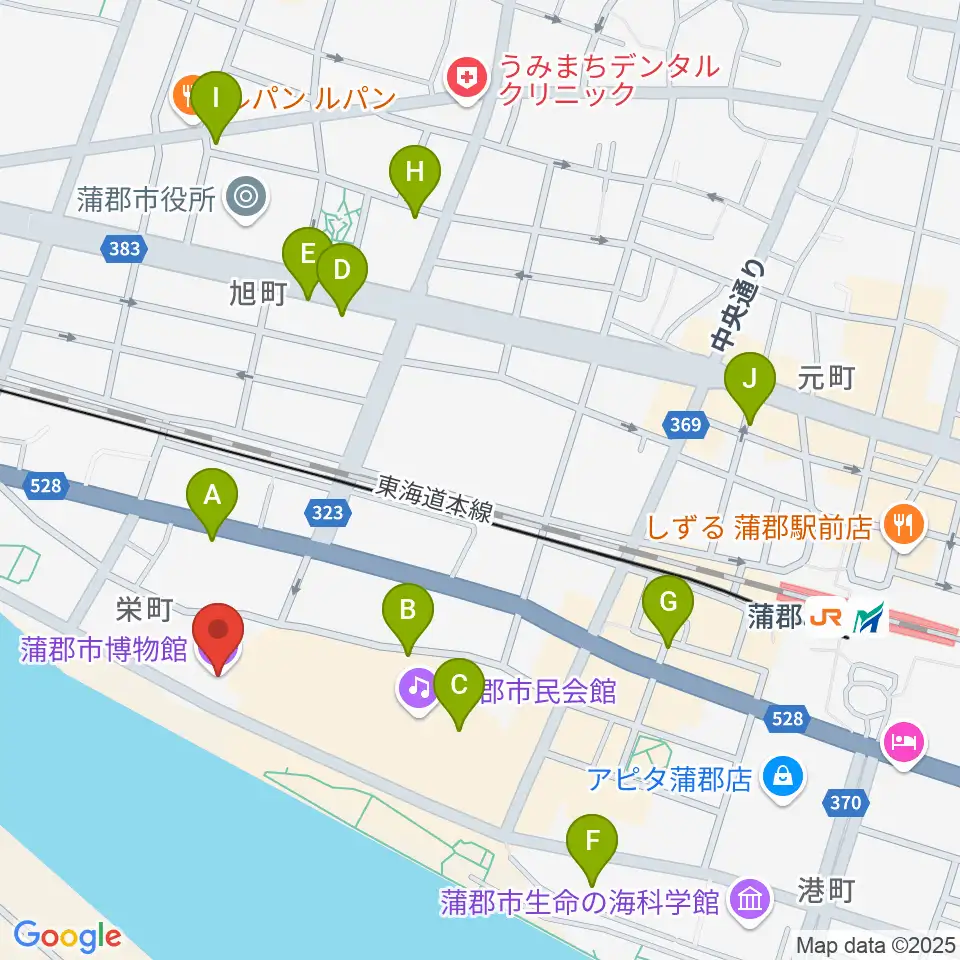 蒲郡市博物館周辺のカフェ一覧地図