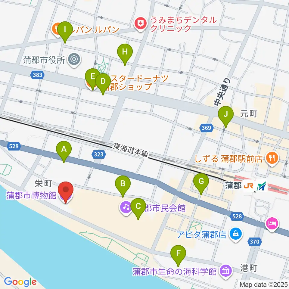 蒲郡市博物館周辺のカフェ一覧地図