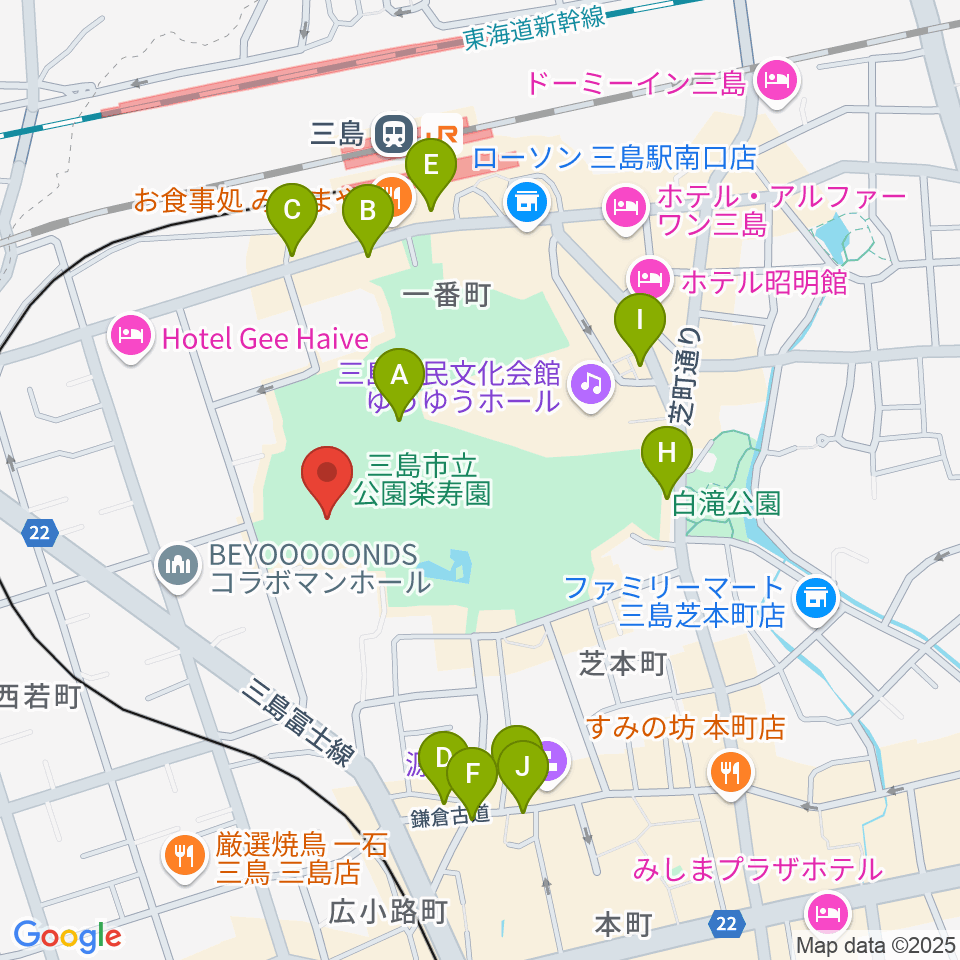 三島市郷土資料館周辺のカフェ一覧地図