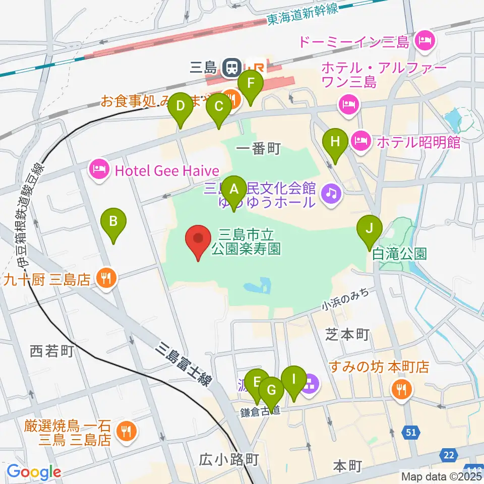 三島市郷土資料館周辺のカフェ一覧地図