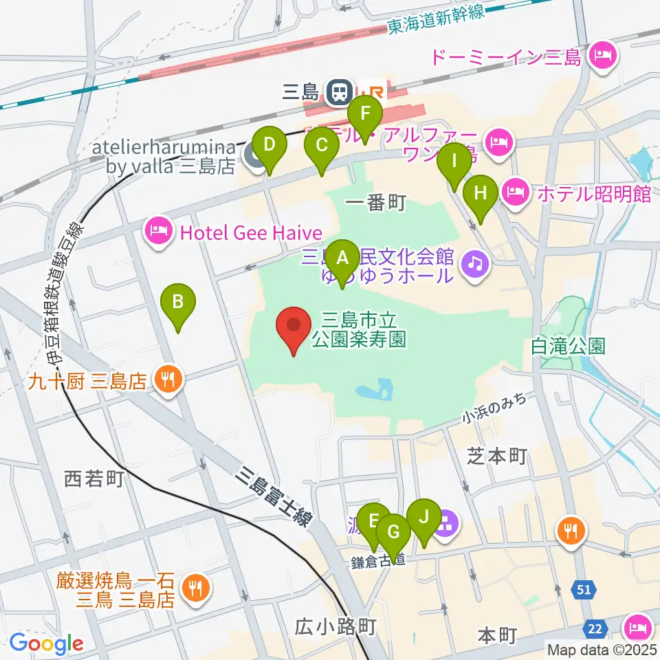 三島市郷土資料館周辺のカフェ一覧地図