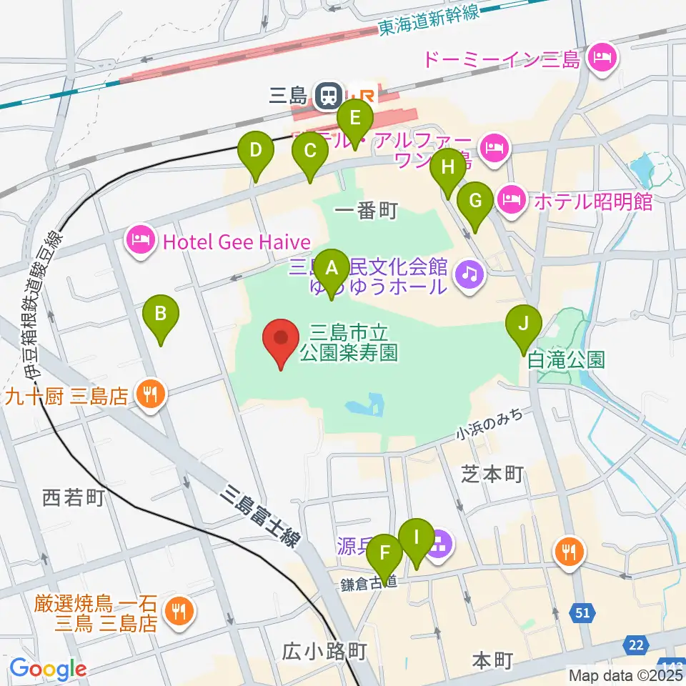 三島市郷土資料館周辺のカフェ一覧地図
