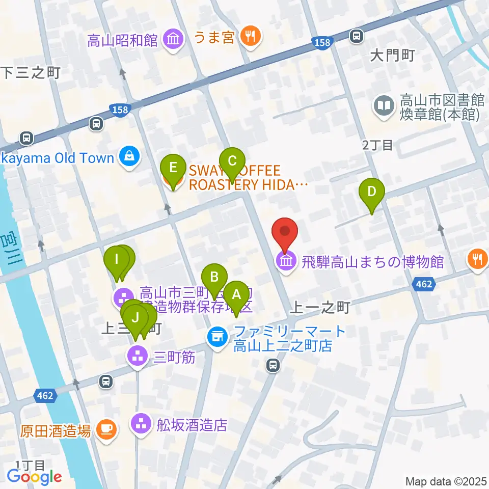 飛騨高山まちの博物館周辺のカフェ一覧地図