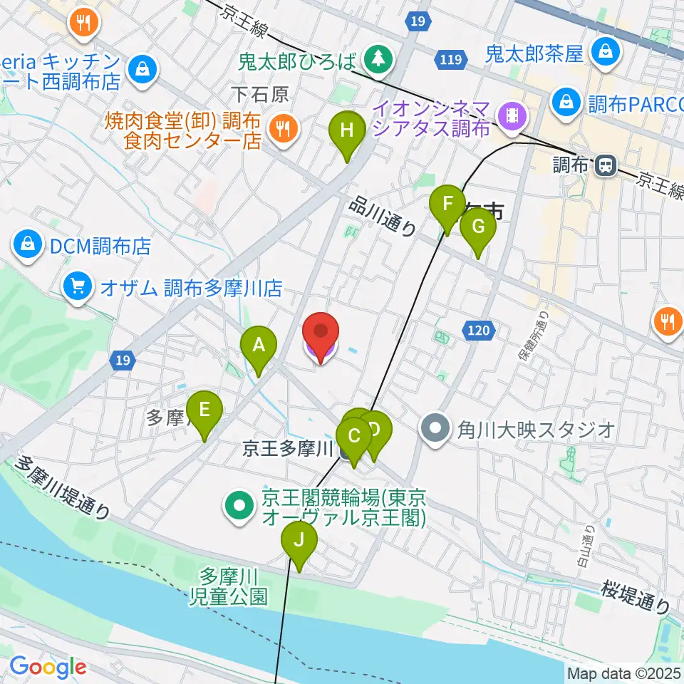 調布市郷土博物館周辺のカフェ一覧地図