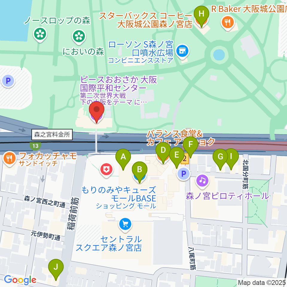 ピースおおさか 大阪国際平和センター周辺のカフェ一覧地図