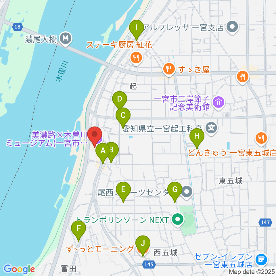 一宮市尾西歴史民俗資料館周辺のカフェ一覧地図