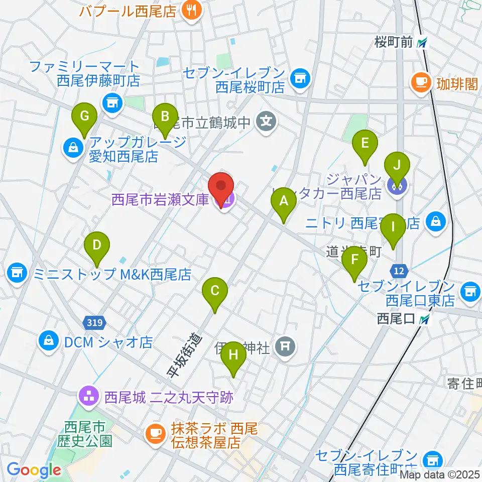 西尾市岩瀬文庫周辺のカフェ一覧地図