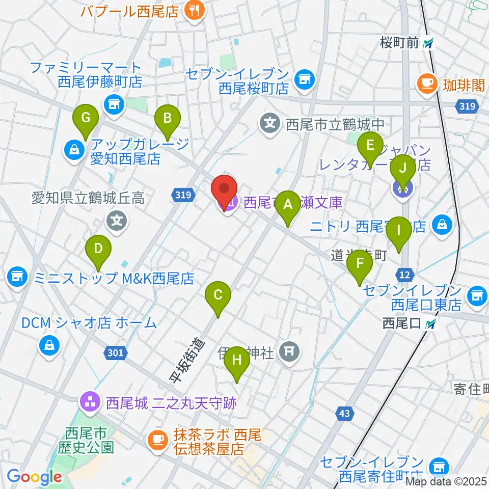 西尾市岩瀬文庫周辺のカフェ一覧地図