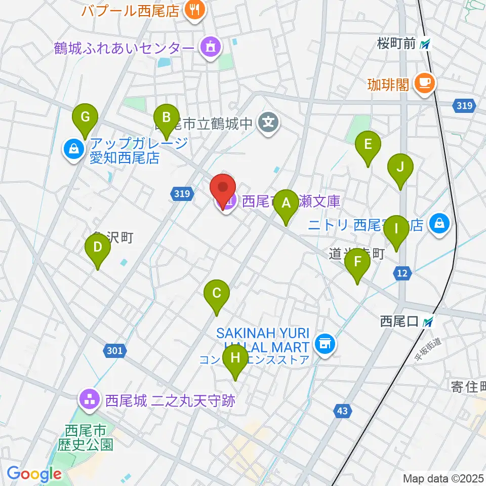西尾市岩瀬文庫周辺のカフェ一覧地図
