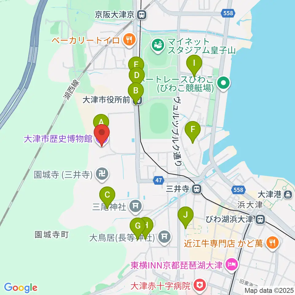 大津市歴史博物館周辺のカフェ一覧地図