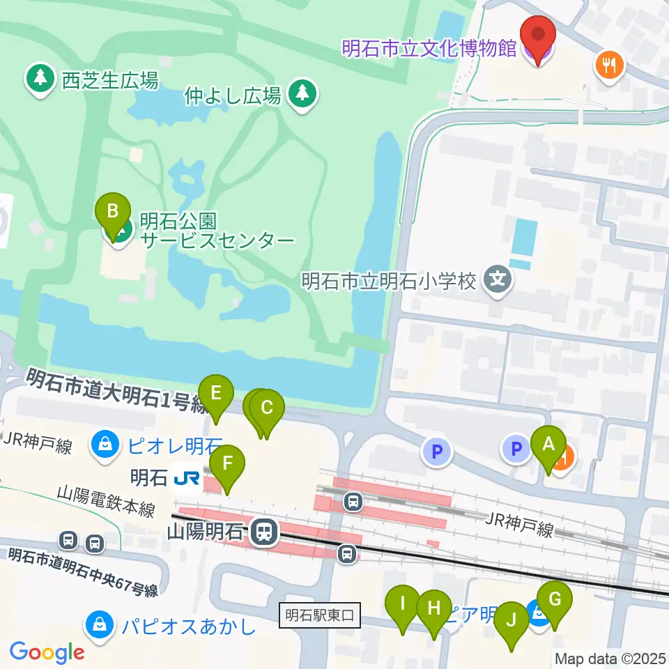 明石市立文化博物館周辺のカフェ一覧地図