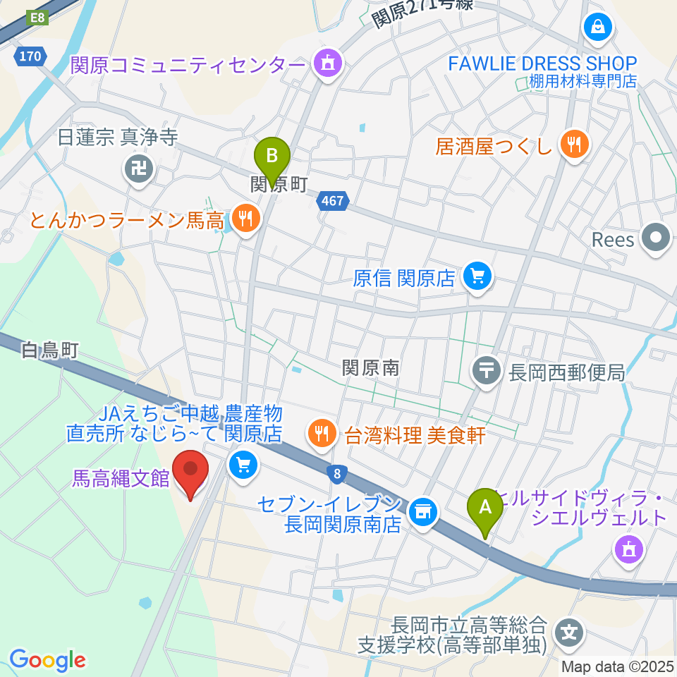 長岡市馬高縄文館周辺のカフェ一覧地図