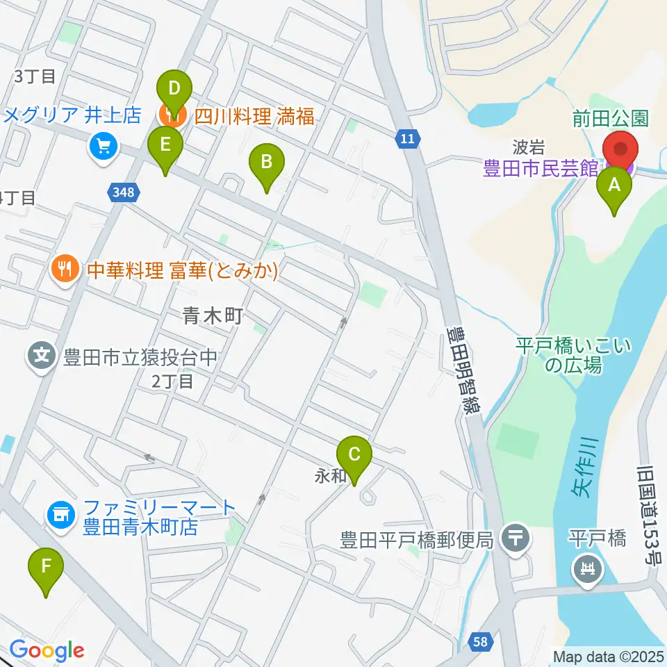 豊田市民芸館周辺のカフェ一覧地図