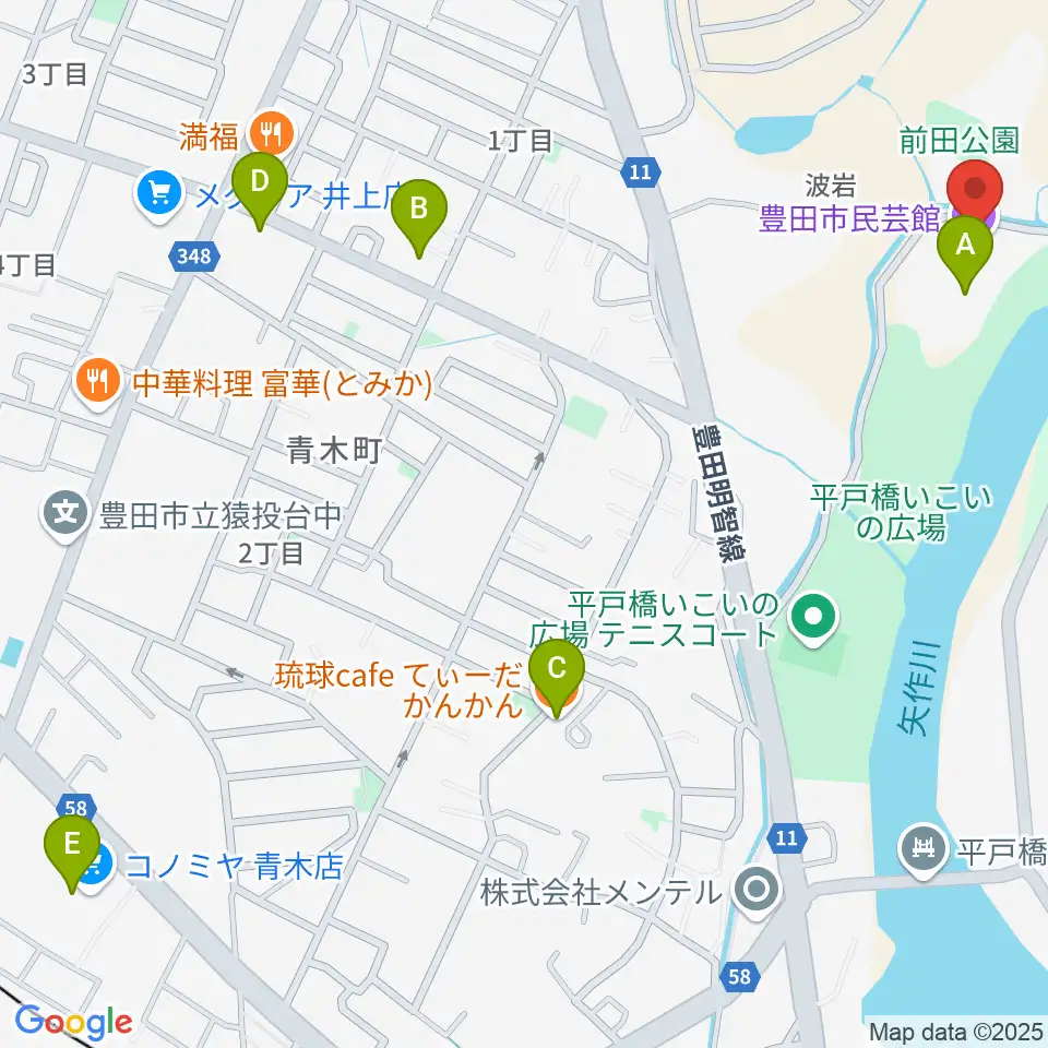 豊田市民芸館周辺のカフェ一覧地図
