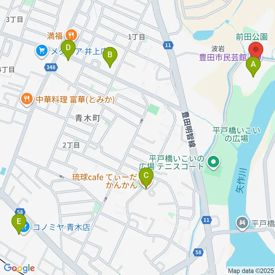 豊田市民芸館周辺のカフェ一覧地図