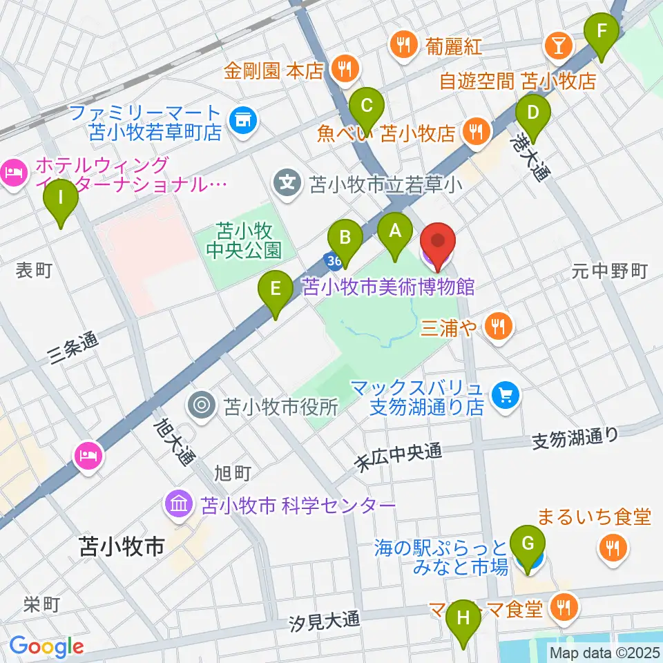 苫小牧市美術博物館周辺のカフェ一覧地図