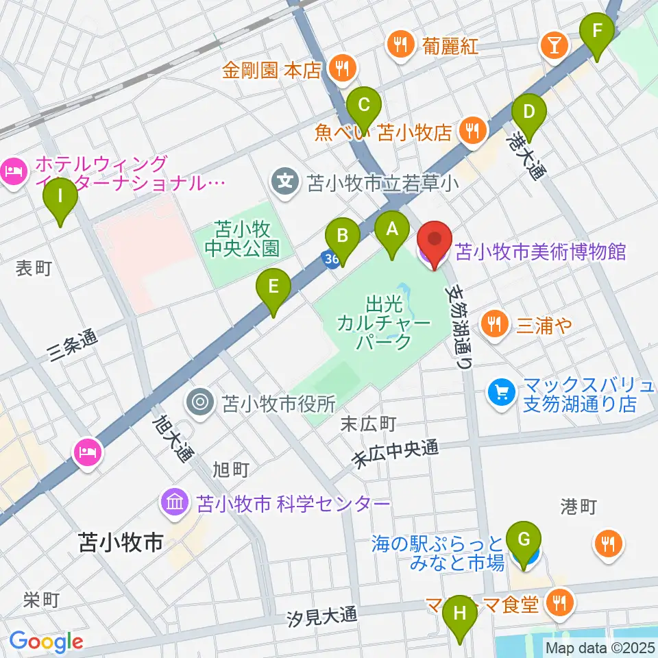 苫小牧市美術博物館周辺のカフェ一覧地図