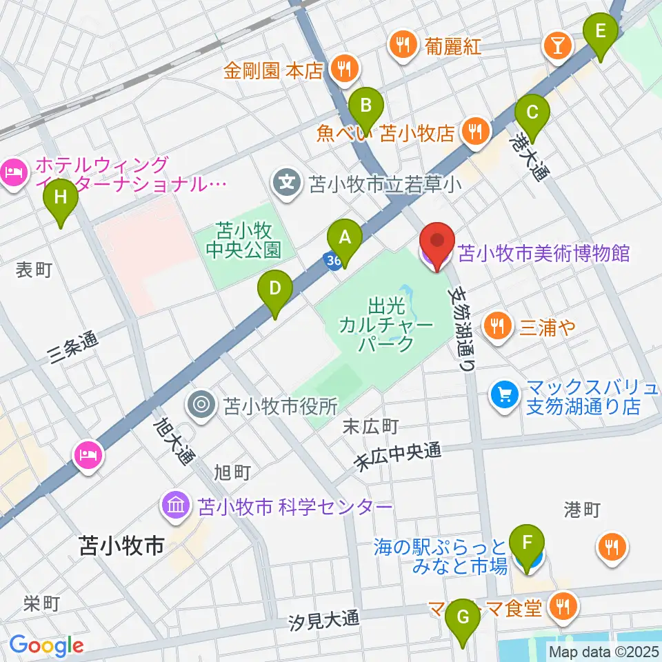 苫小牧市美術博物館周辺のカフェ一覧地図