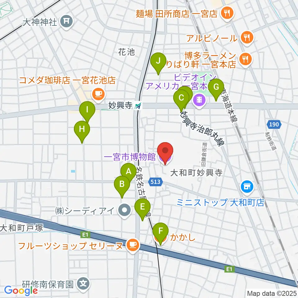 一宮市博物館周辺のカフェ一覧地図