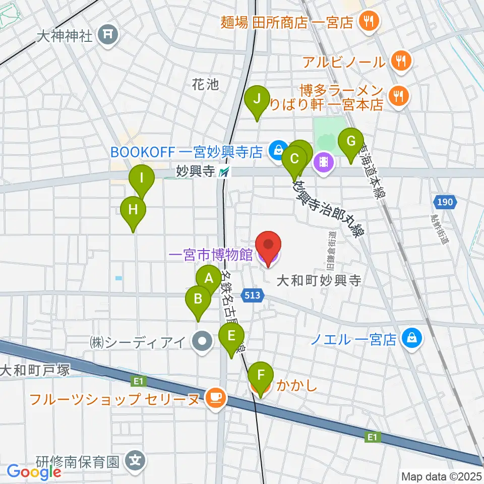 一宮市博物館周辺のカフェ一覧地図