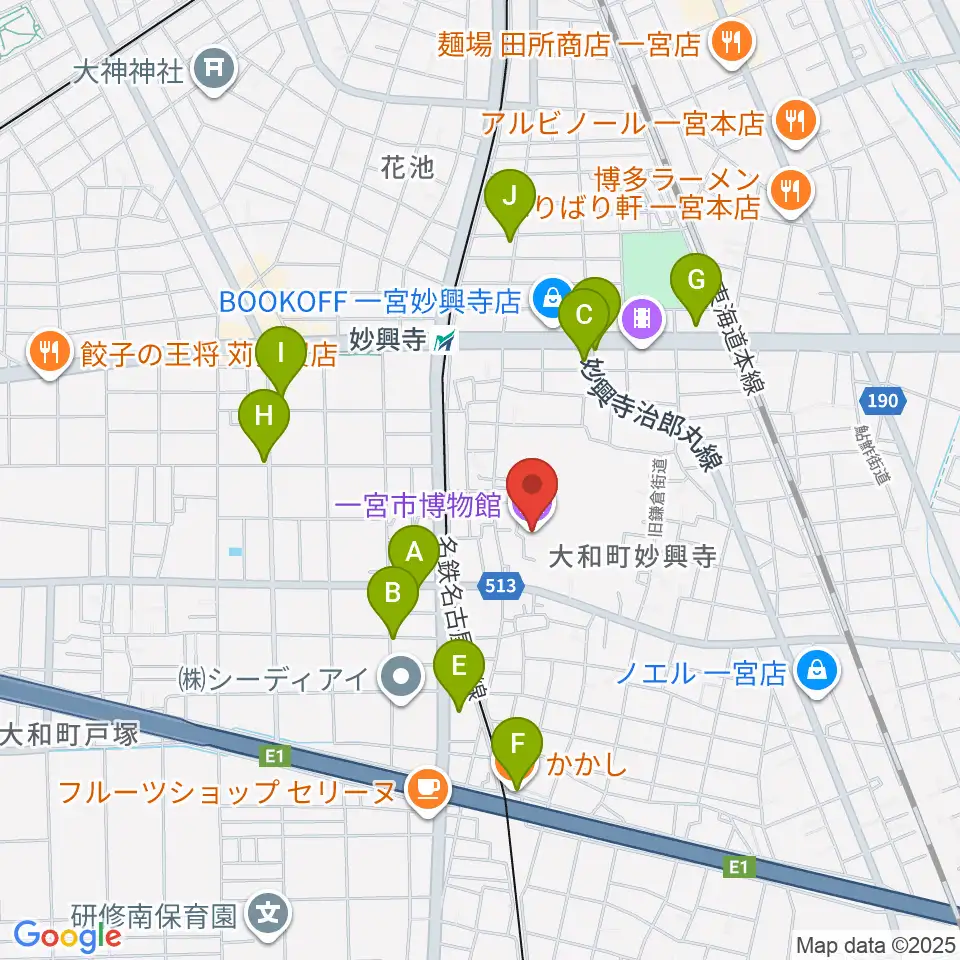 一宮市博物館周辺のカフェ一覧地図