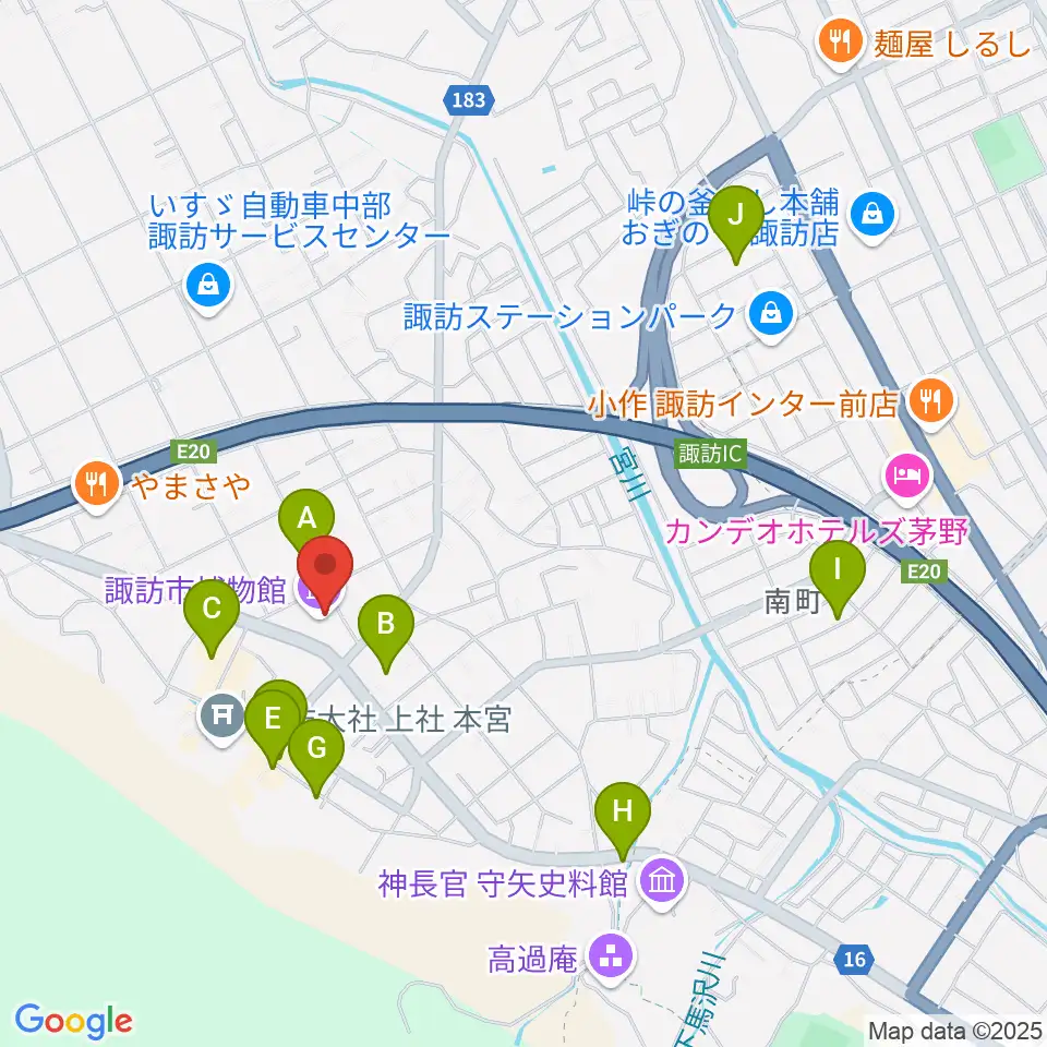 諏訪市博物館周辺のカフェ一覧地図