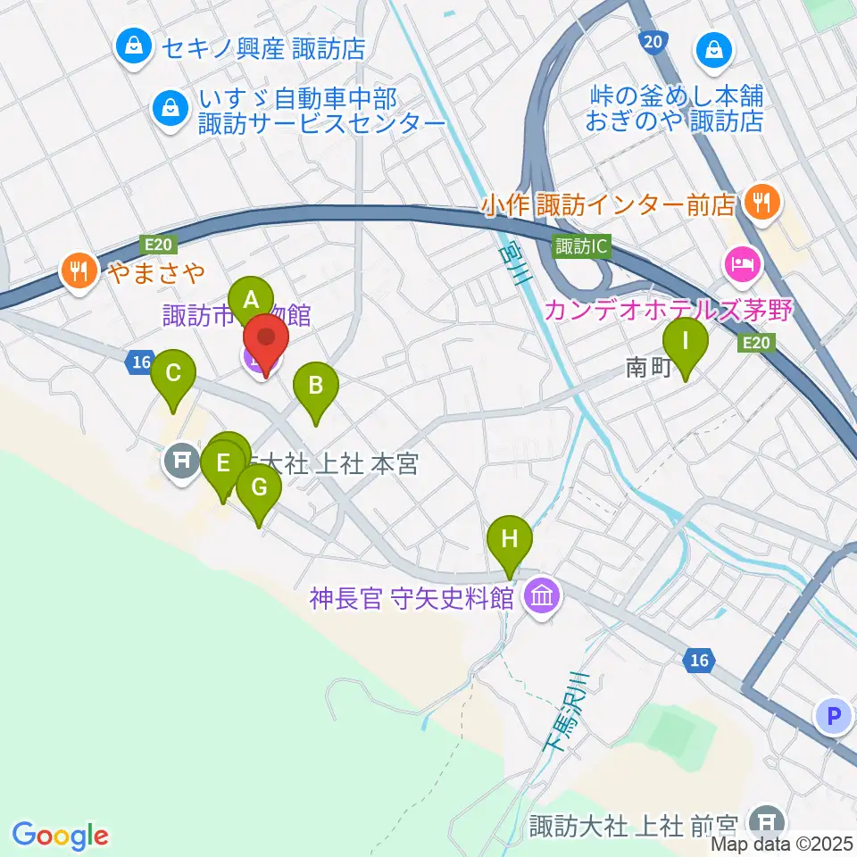 諏訪市博物館周辺のカフェ一覧地図