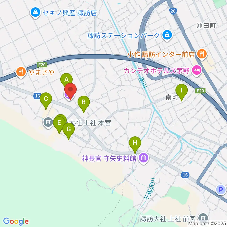 諏訪市博物館周辺のカフェ一覧地図