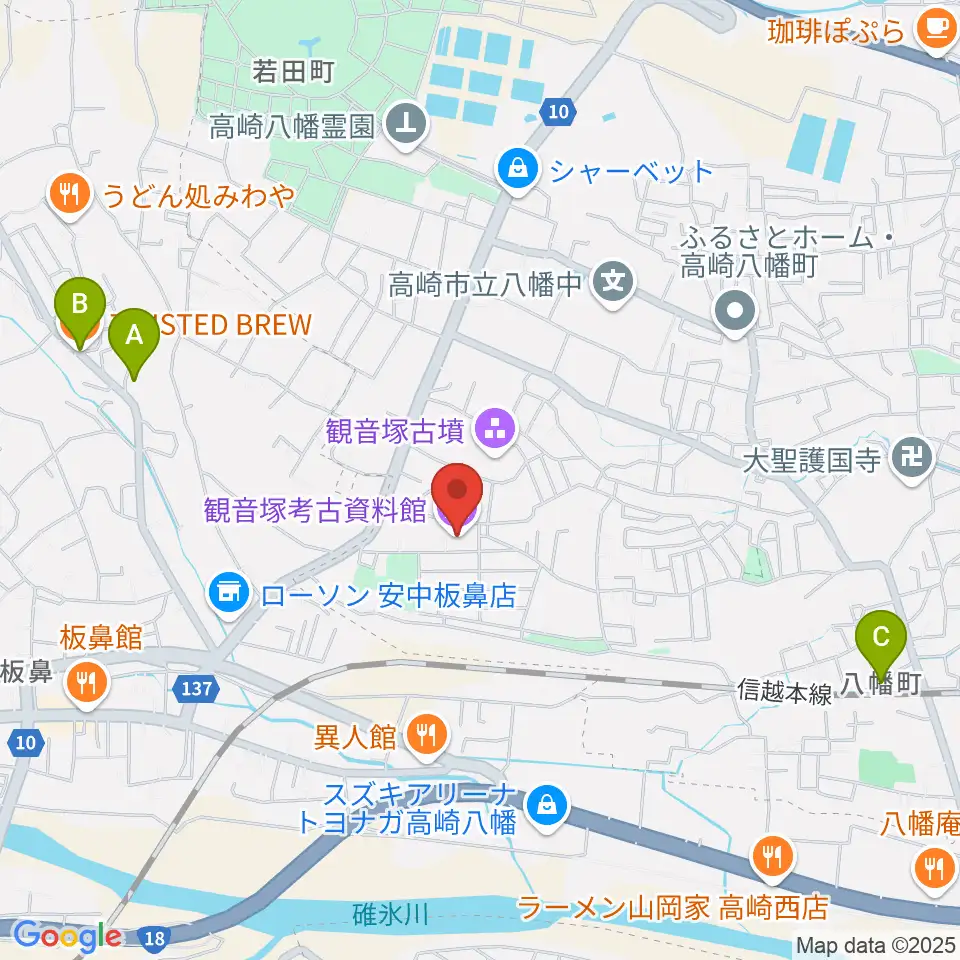 高崎市観音塚考古資料館周辺のカフェ一覧地図