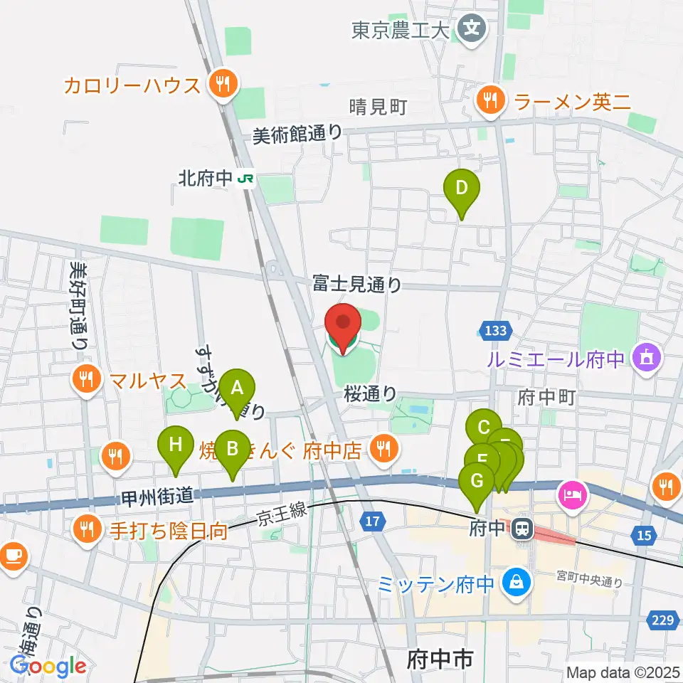 府中市民球場周辺のカフェ一覧地図