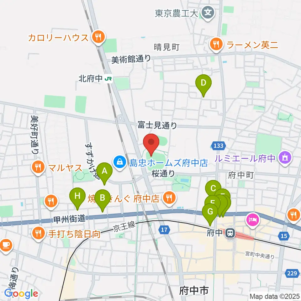 府中市民球場周辺のカフェ一覧地図