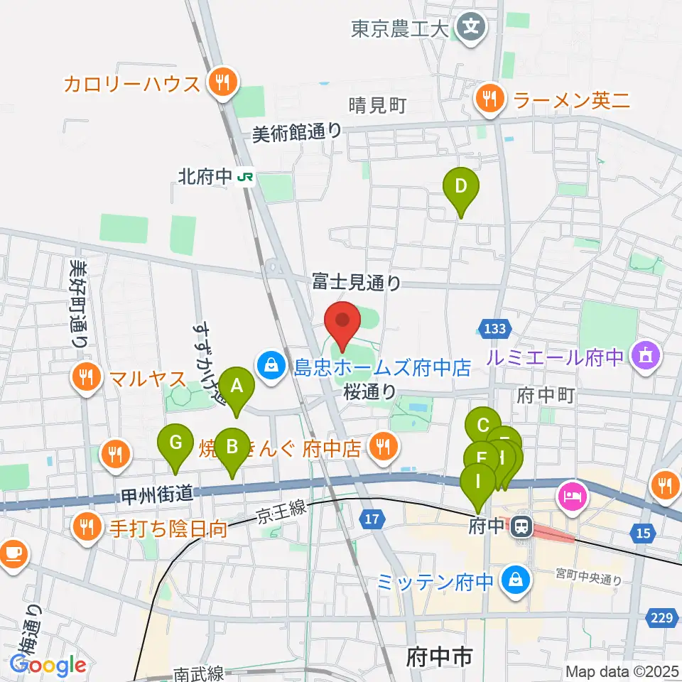 府中市民球場周辺のカフェ一覧地図