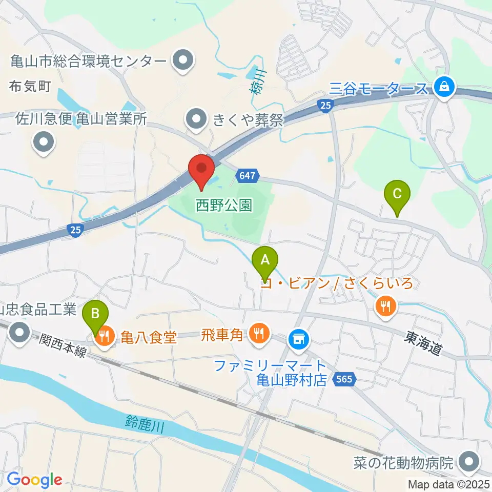 亀山市西野公園体育館周辺のカフェ一覧地図