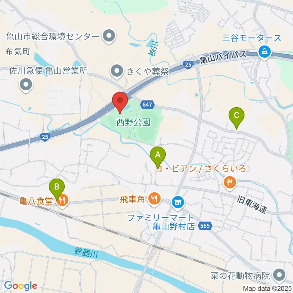 亀山市西野公園体育館周辺のカフェ一覧地図