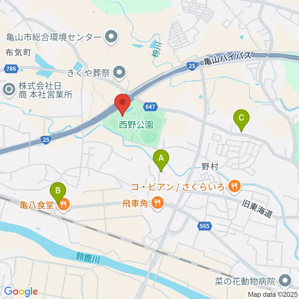 亀山市西野公園体育館周辺のカフェ一覧地図