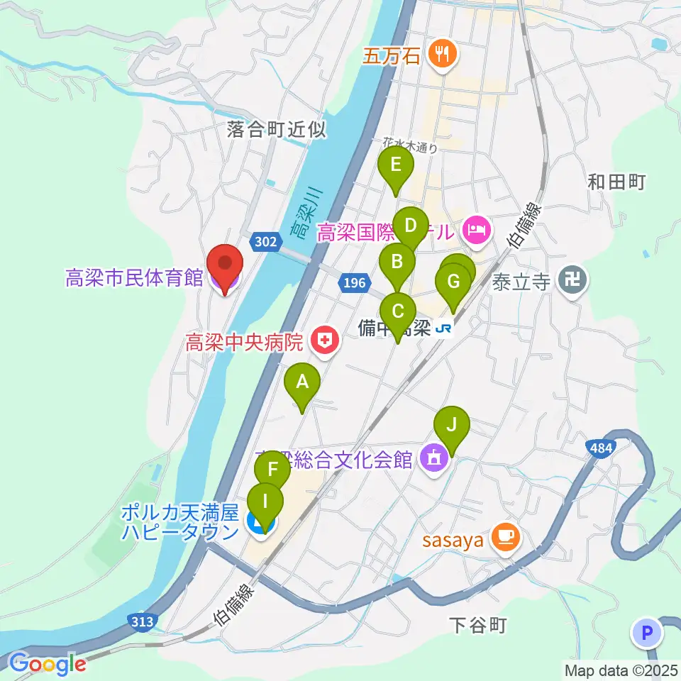 高梁市民体育館周辺のカフェ一覧地図