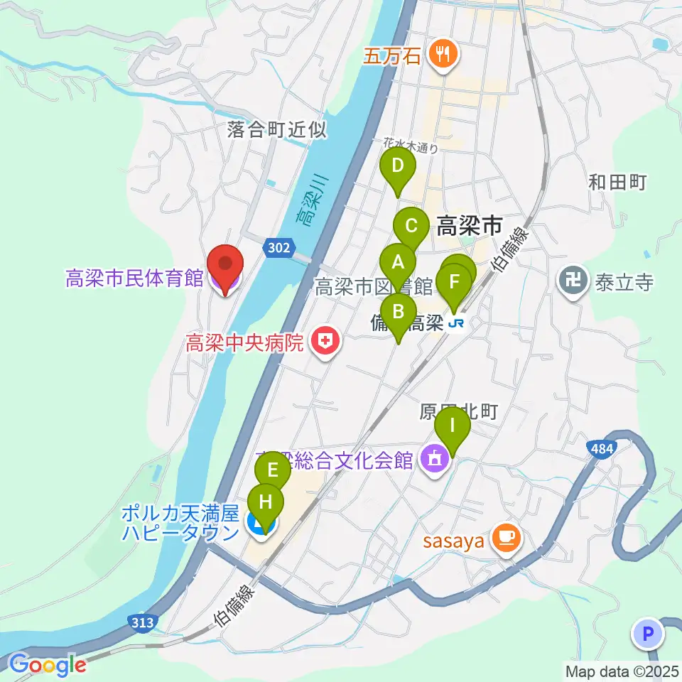 高梁市民体育館周辺のカフェ一覧地図