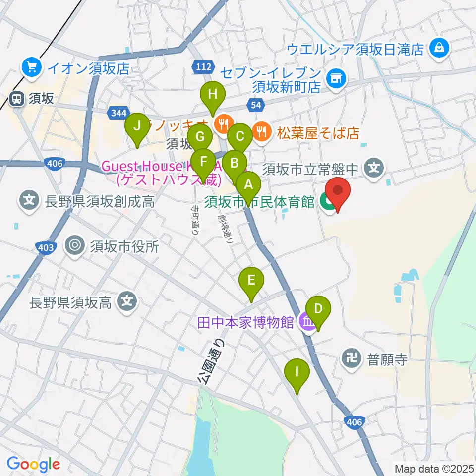 須坂市市民体育館周辺のカフェ一覧地図