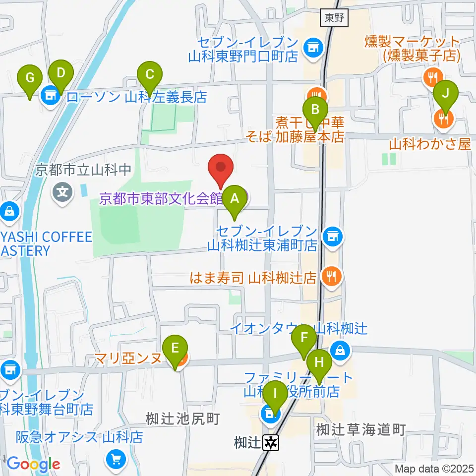 山科地域体育館周辺のカフェ一覧地図