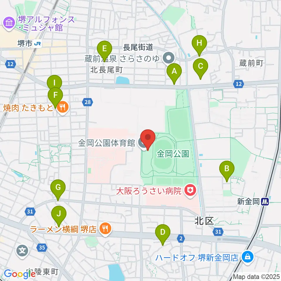 堺市金岡公園体育館周辺のカフェ一覧地図