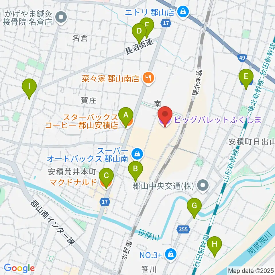 ビッグパレットふくしま周辺のカフェ一覧地図