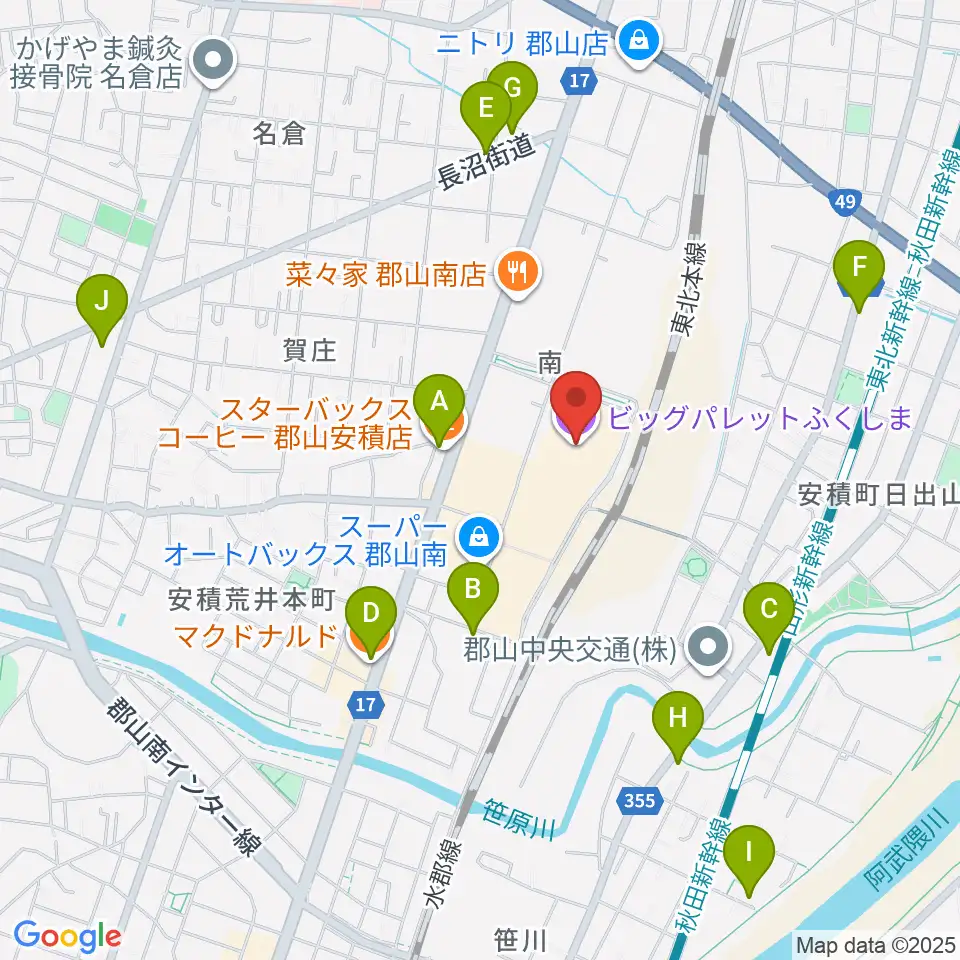 ビッグパレットふくしま周辺のカフェ一覧地図