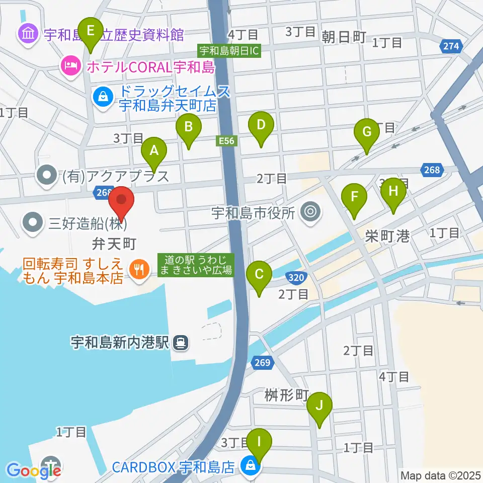 宇和島市総合体育館周辺のカフェ一覧地図