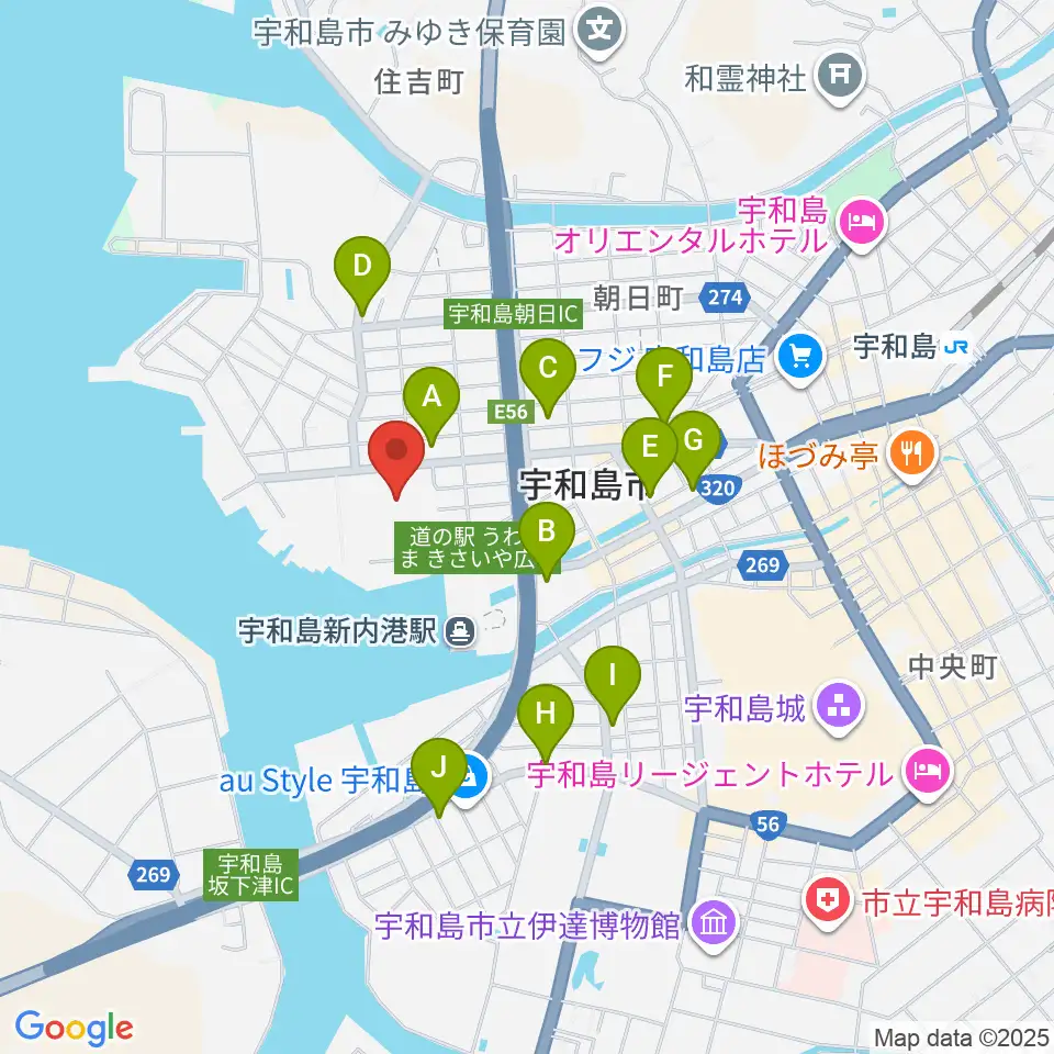 宇和島市総合体育館周辺のカフェ一覧地図
