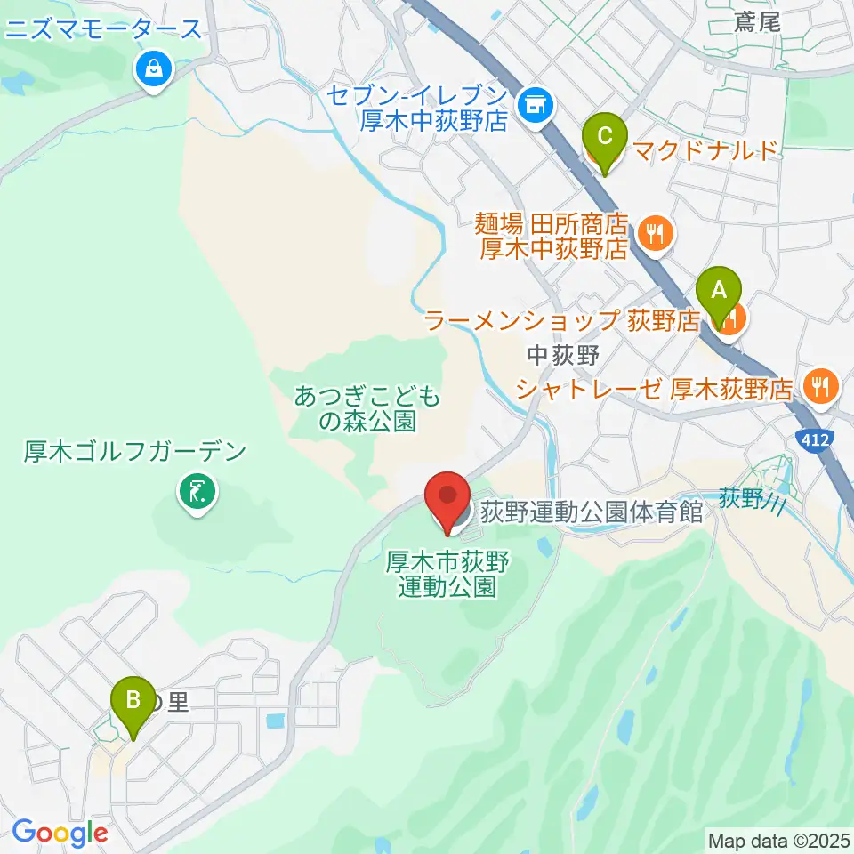 荻野運動公園体育館周辺のカフェ一覧地図